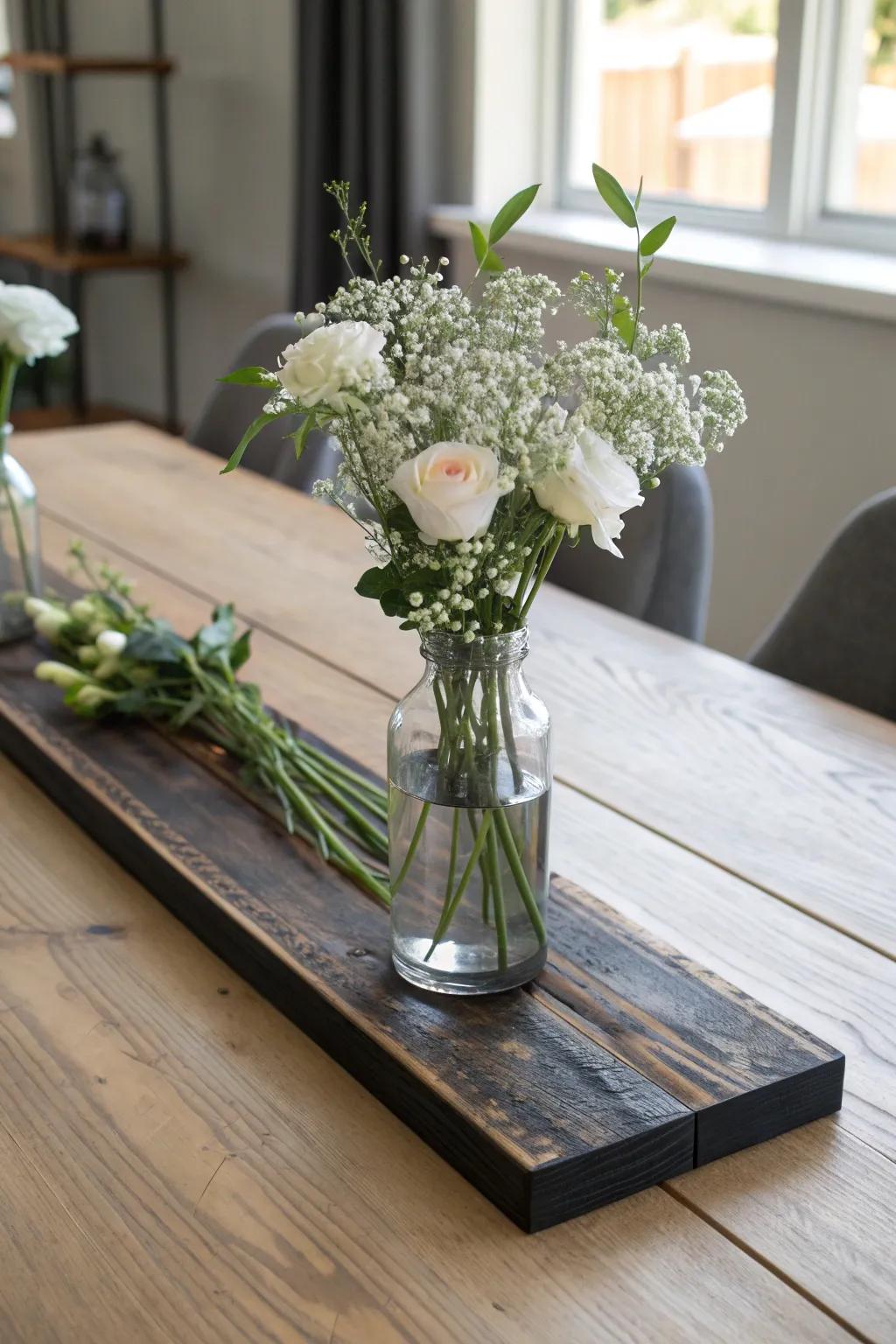 Moody charred wood + crisp white blooms—an elegant rectangular centerpiece with artisan contrast.