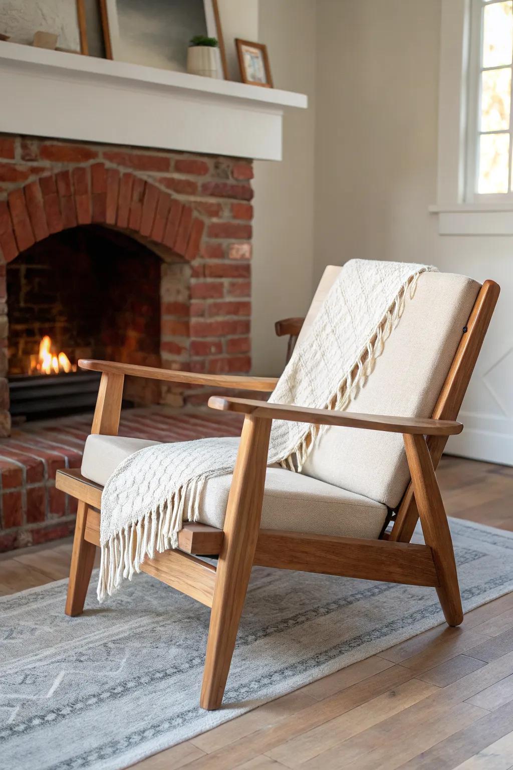 Center a handcrafted oak chair on the brick hearth for a cozy, conversation-ready layout.
