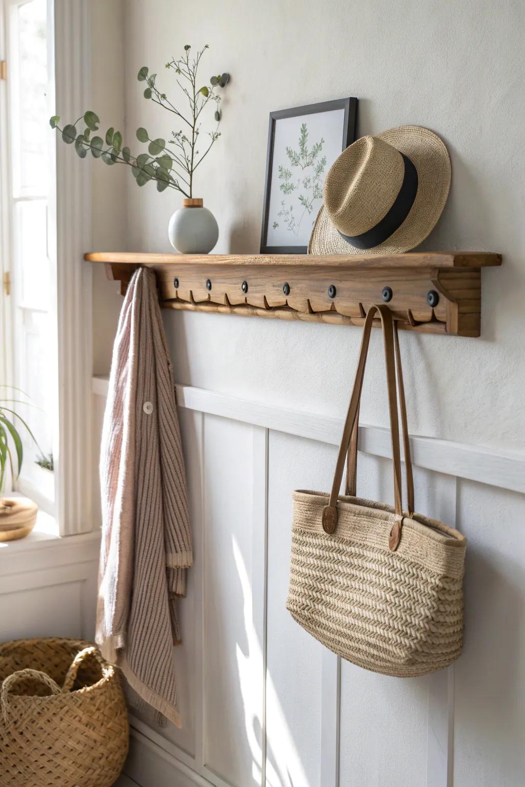 Turn an open closet into a calm gallery: an oak peg rail + slim shelf for daily favorites.