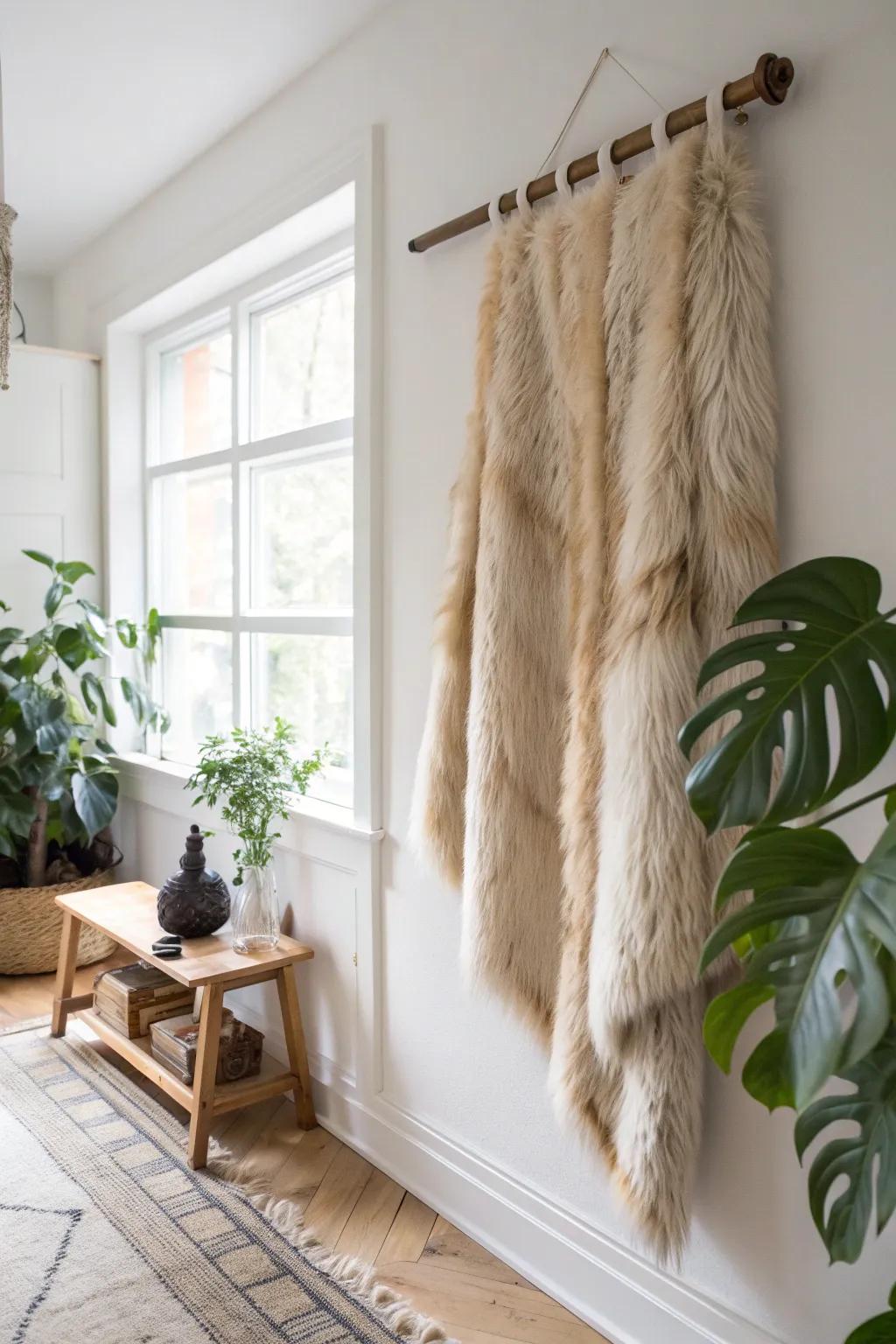 Transform old into art with this stunning fur wall hanging, adding warmth and elegance to your minimalist sanctuary.