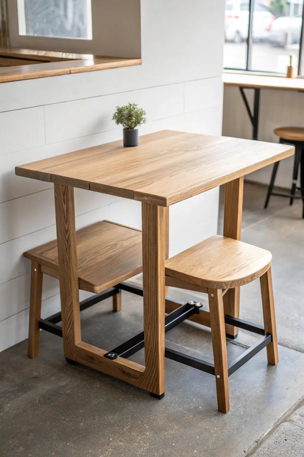 Space-saving swing-out stool table: clean Scandinavian lines, warm oak craftsmanship.