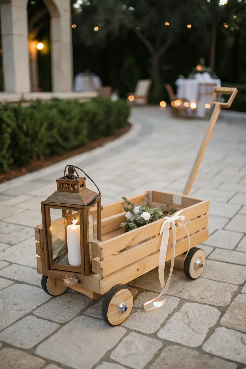 Lantern corner accents add a cozy dusk-wedding glow—clamped on so the wagon stays pristine.