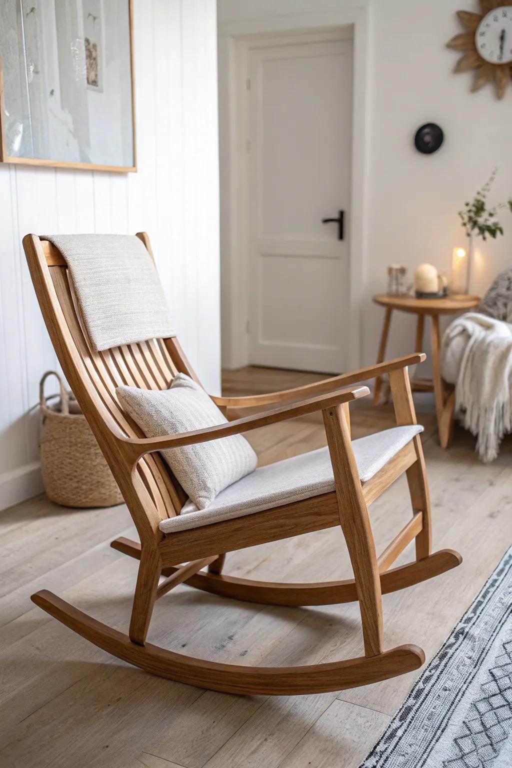 Angle a slim wooden rocker to keep small living rooms airy, calm, and clutter-free.