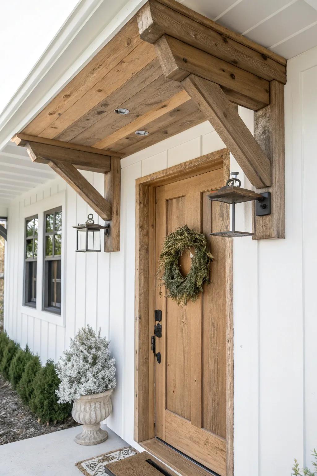 Reclaimed wood corbels add instant character—knots, nail holes, and all.