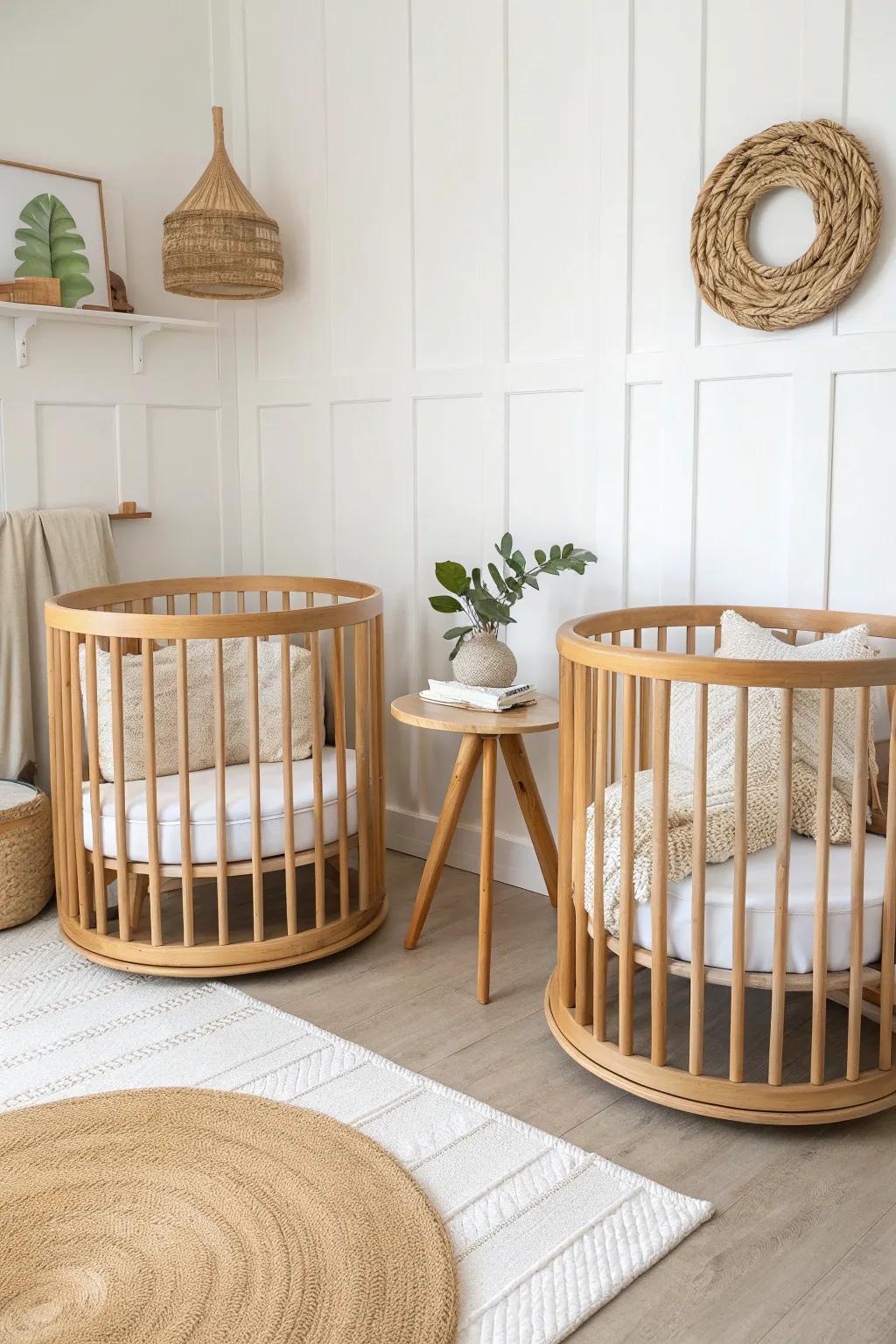 Twin round cribs with a shared oak table—perfect symmetry for a calm, organized nursery.
