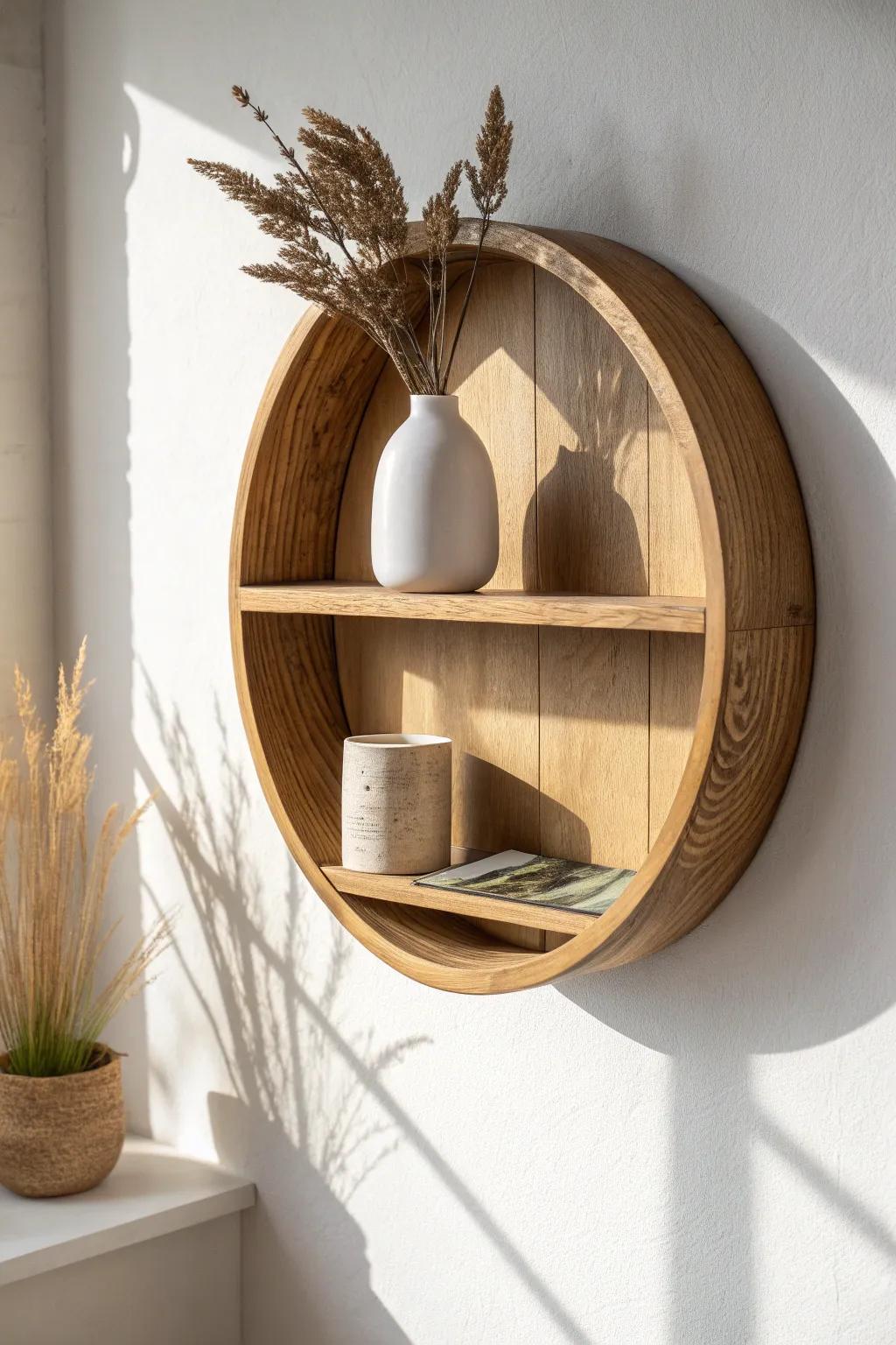 Floating round oak shelf with hidden keyhole mounts for a calm, polished wall look.