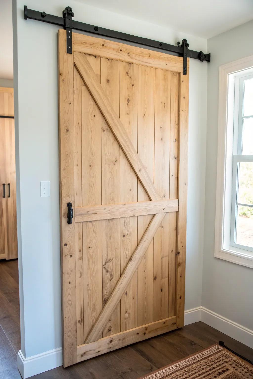 Warm pine barn-door closet front with matte black hardware—rustic charm for a minimalist baby boy nursery.