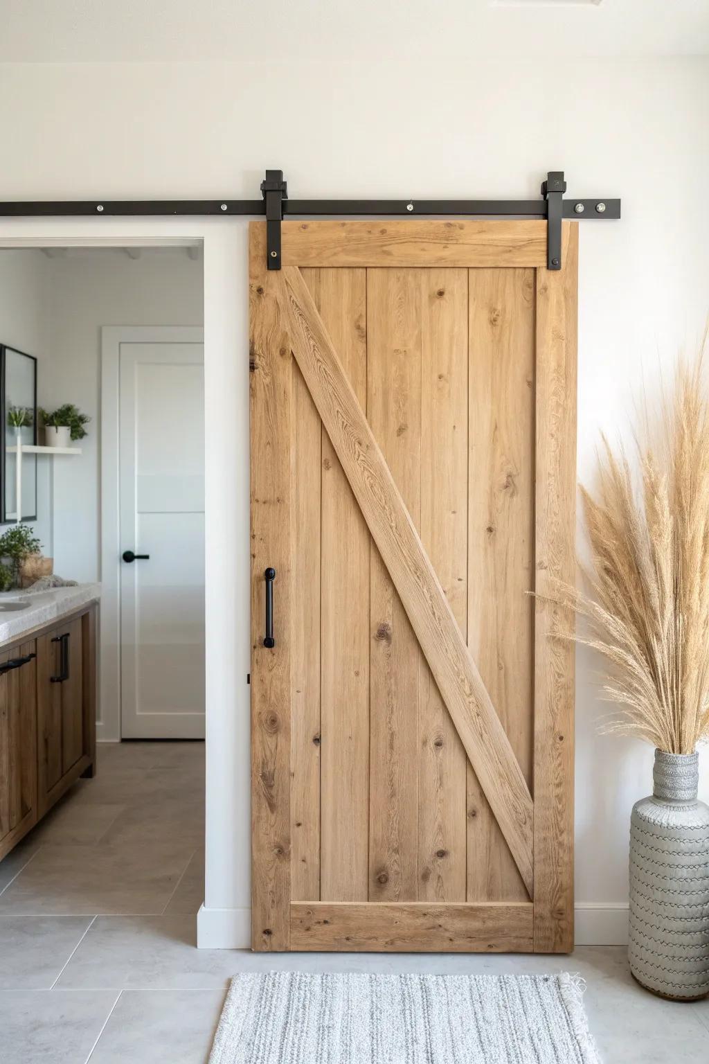 Space-saving sliding barn door in warm wood and matte black hardware for rustic charm.