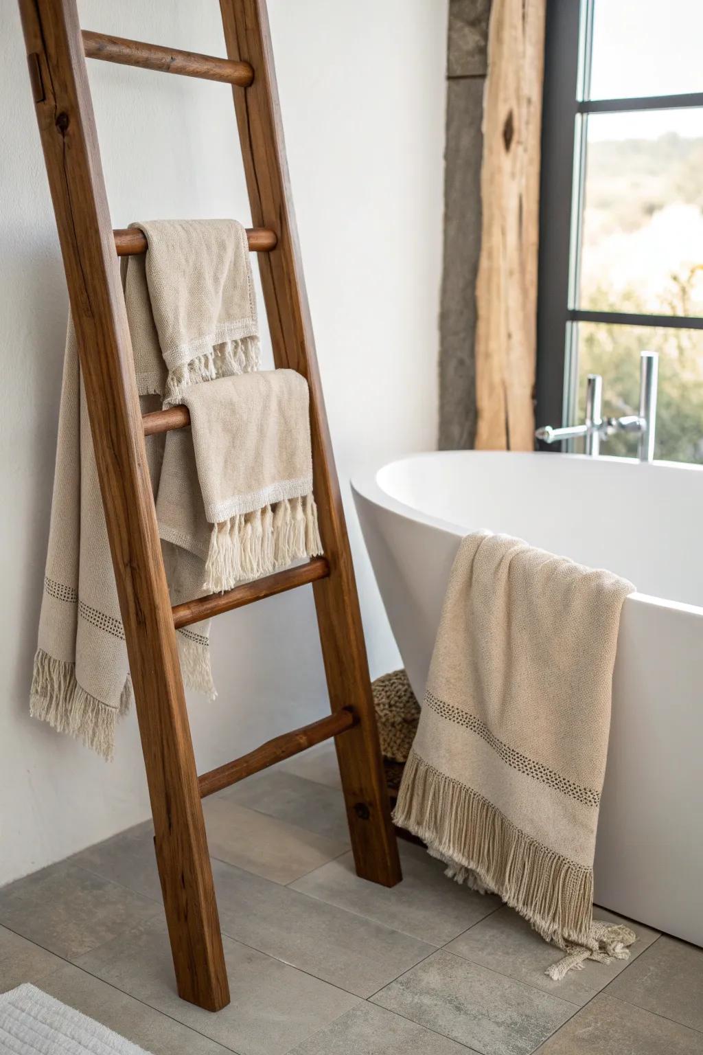 Handcrafted wooden ladder rack beside the tub—rustic warmth with minimalist Scandinavian calm.