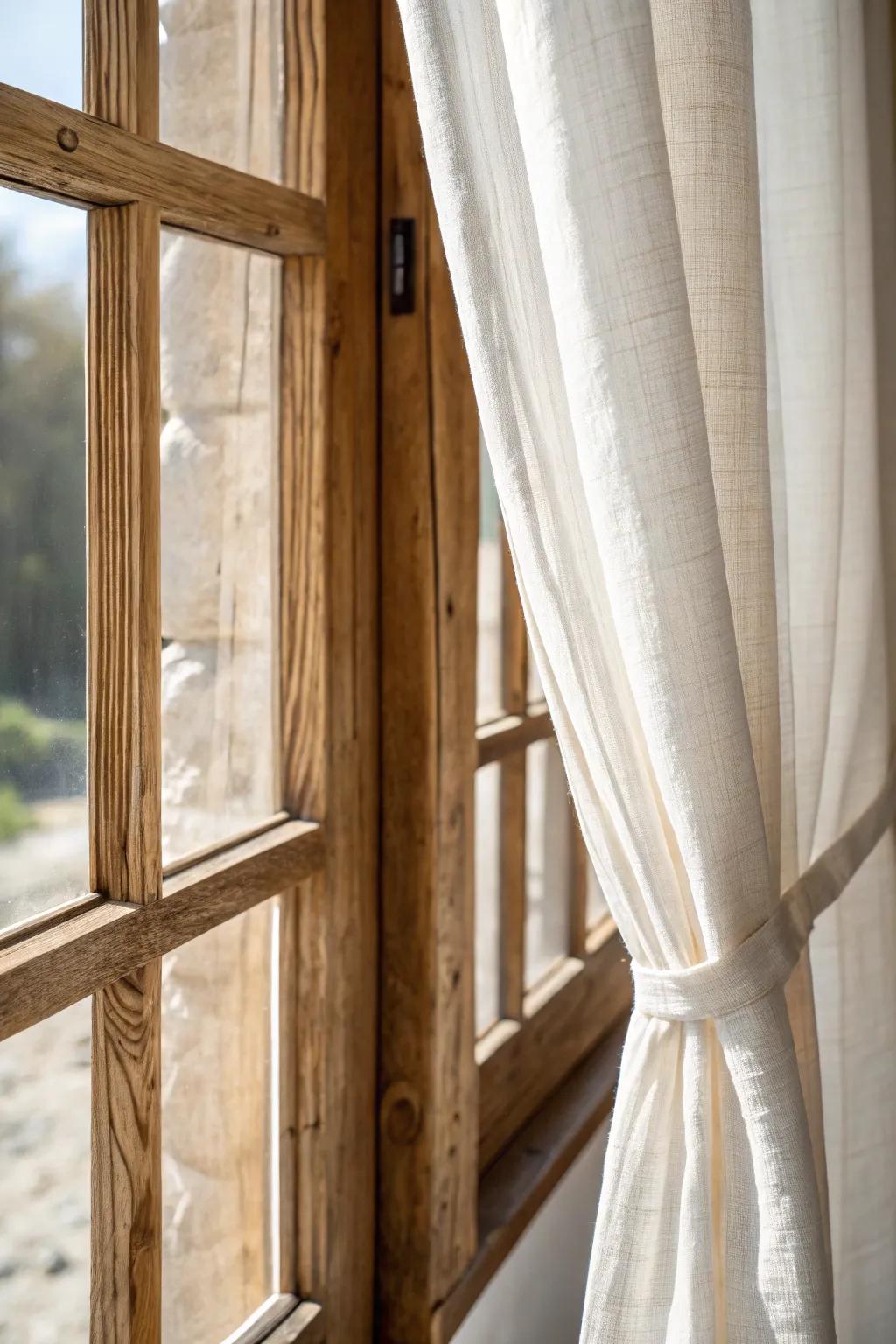 Morning sun on wood grain, softened by simple linen curtains—perfect for slow couple mornings.