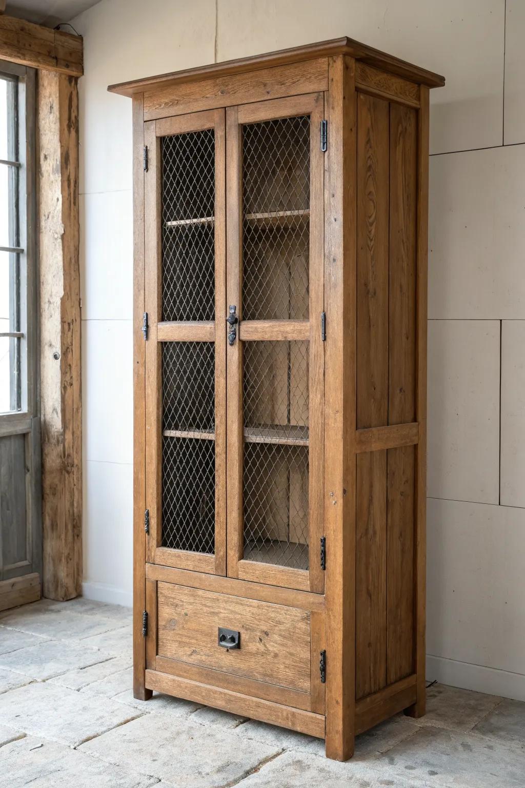 Rustic pantry cabinet with wire-mesh door insert—airy texture and old general-store charm.