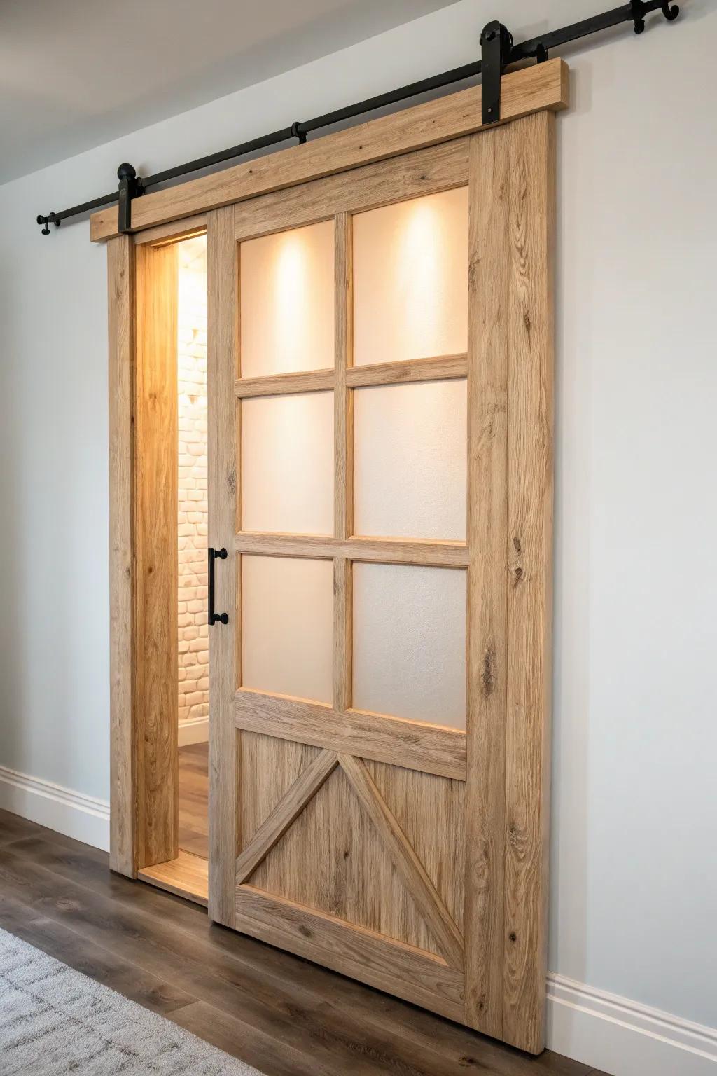 Rustic windowpane barn door with frosted panels—light, airy, and beautifully handcrafted.