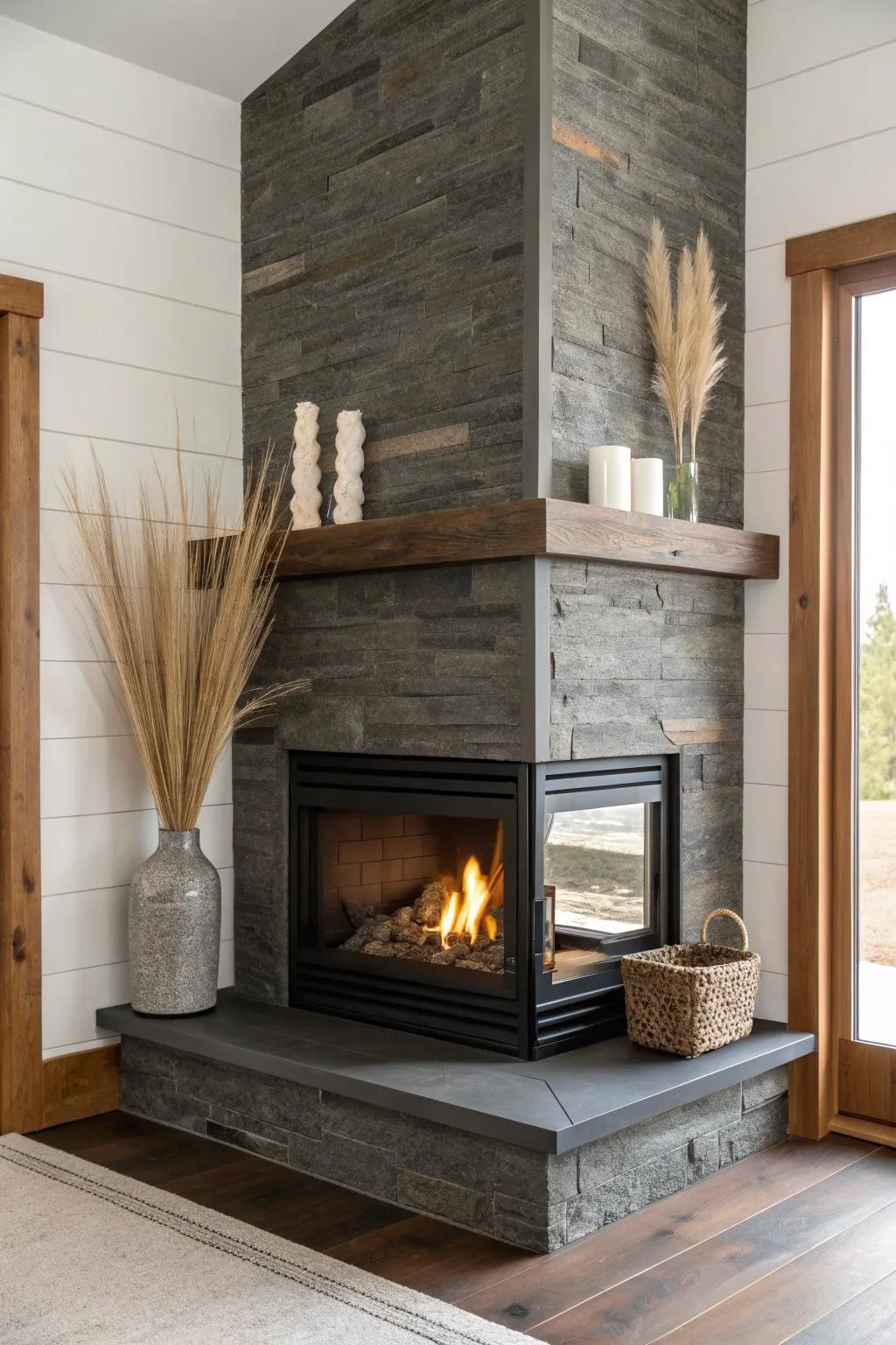 Moody corner fireplace in dark-stained wood and slate—minimal, cozy, and warmly glowing.