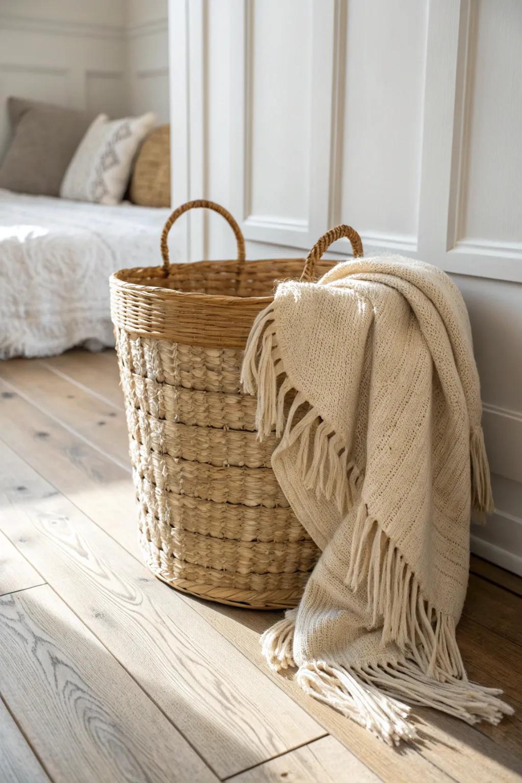A warm wicker basket and cozy knit throw—soft country storage that doubles as decor.
