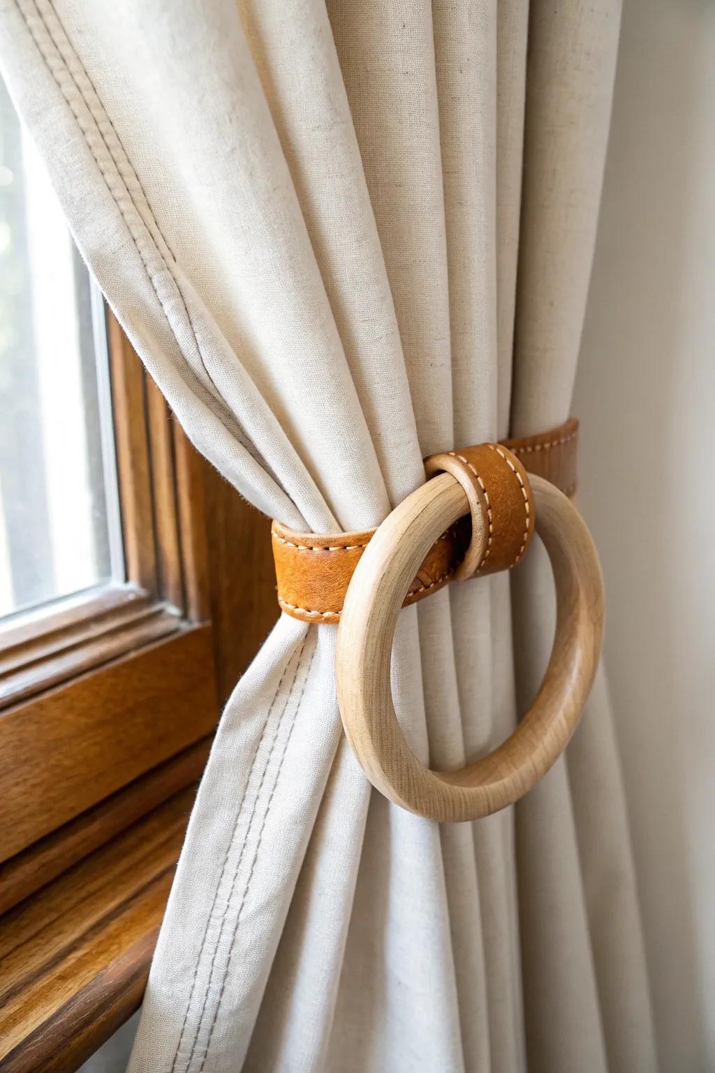 A simple oak ring on leather—minimal, rustic curtain tie back that feels like jewelry.