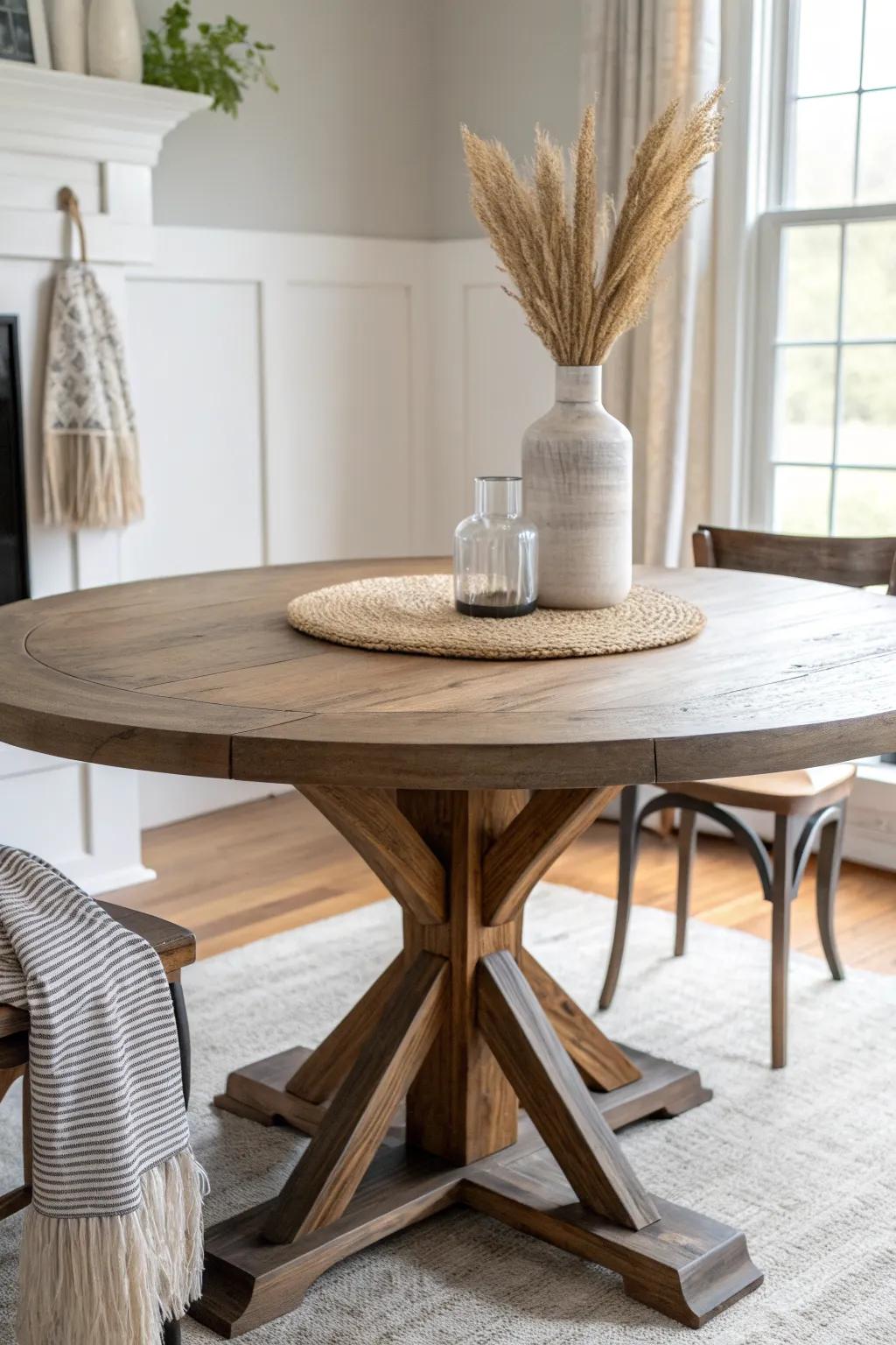 Rustic meets modern: a two-tone dining table that makes the wood grain glow.