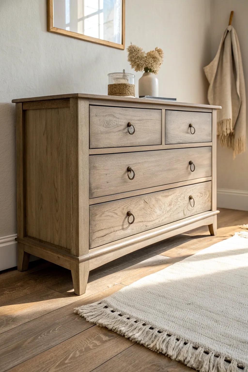 Upcycled dresser media console in clay tones—rustic storage with minimalist Scandinavian charm.