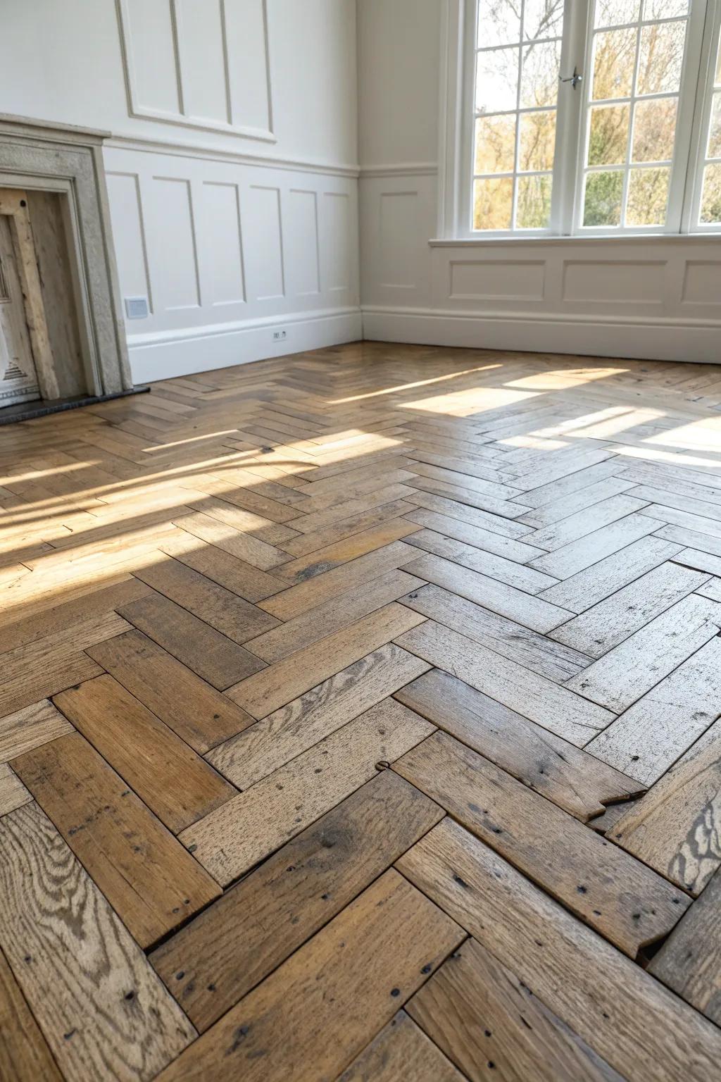 Distressed herringbone flooring: refined pattern, rustic texture, and cozy Scandinavian warmth.