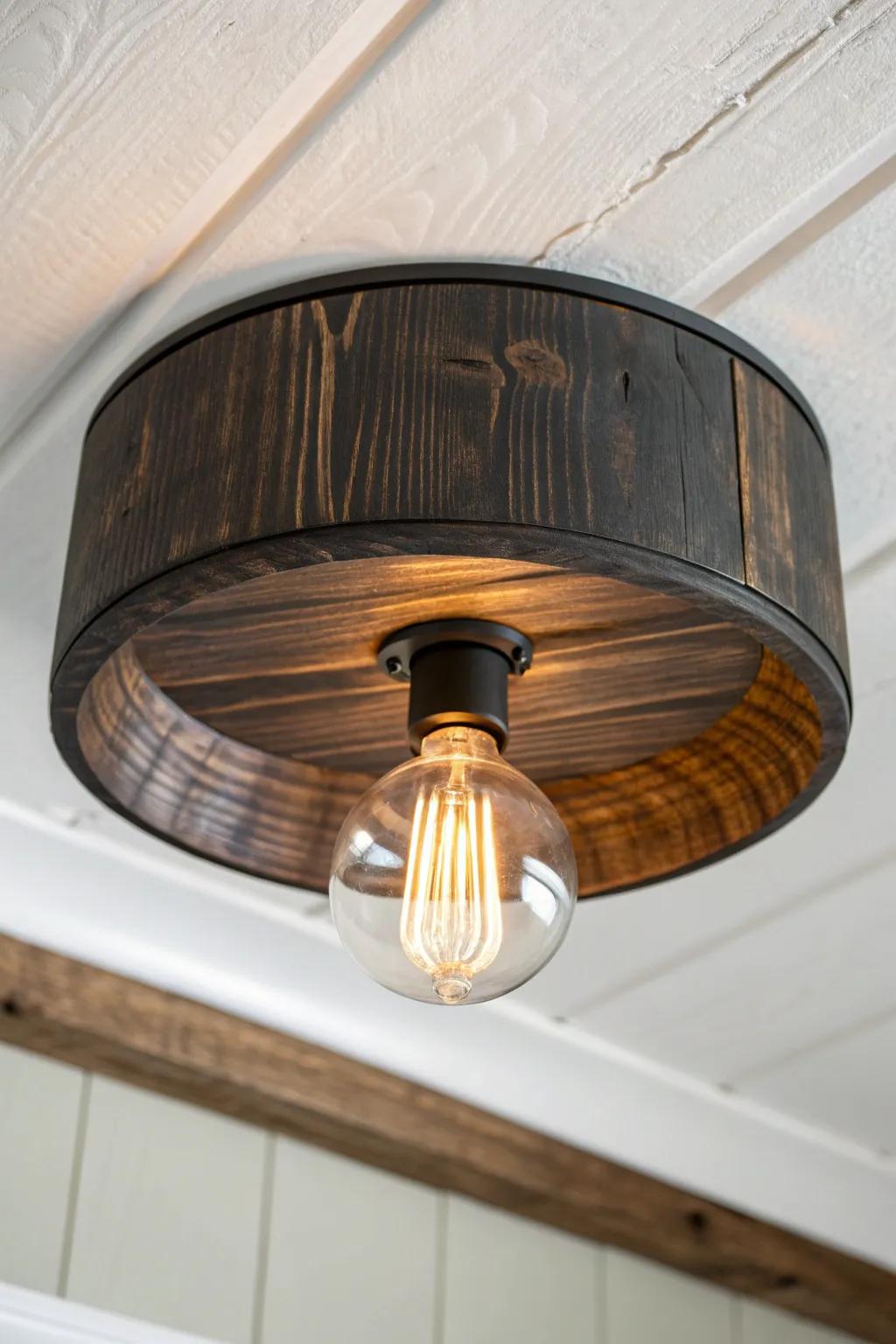 Moody Shou Sugi Ban flush-mount—brushed charred grain + warm glow for modern rustic calm.