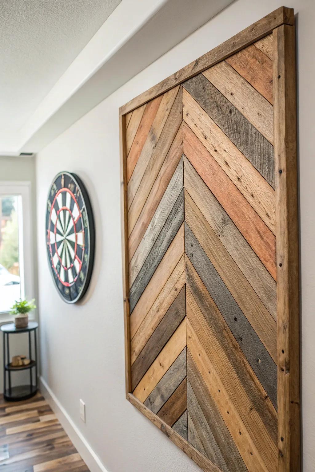 Rustic herringbone dartboard backer from salvaged barnwood—protects walls with style.