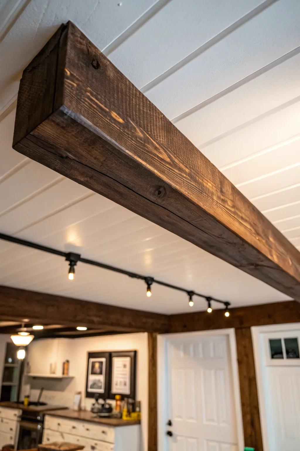 Dark-stained ceiling beams bring warmth and intention to a rustic garage bar, instantly.