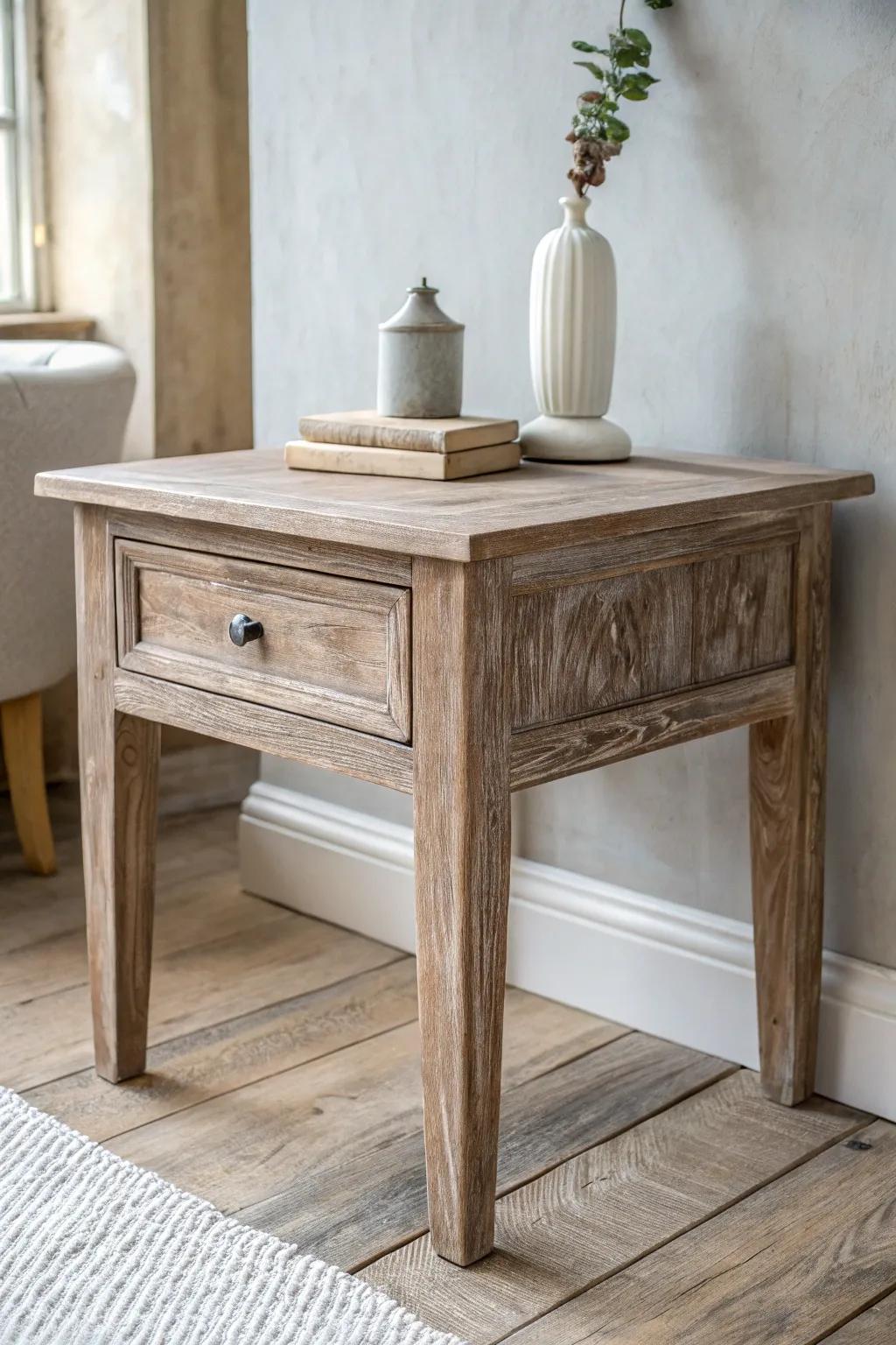 DIY greywash over brown wood: cools orange tones while keeping the grain beautifully visible.