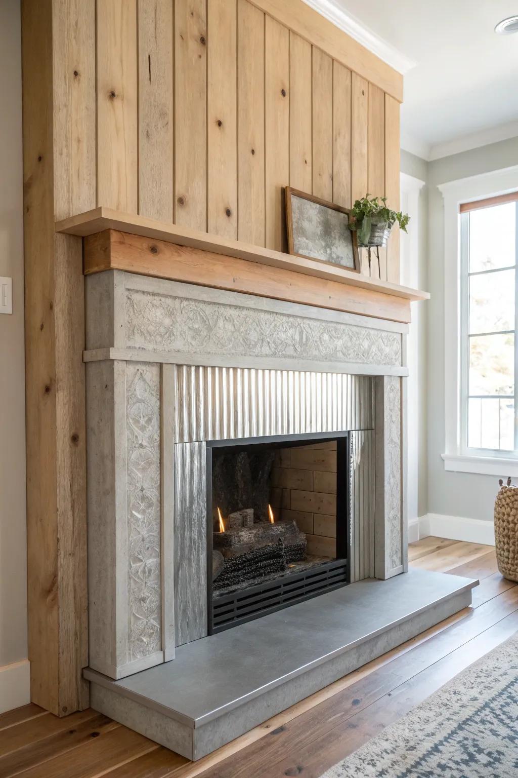 Rustic fireplace surround: tin lower band and warm wood above, glowing in soft Nordic light.