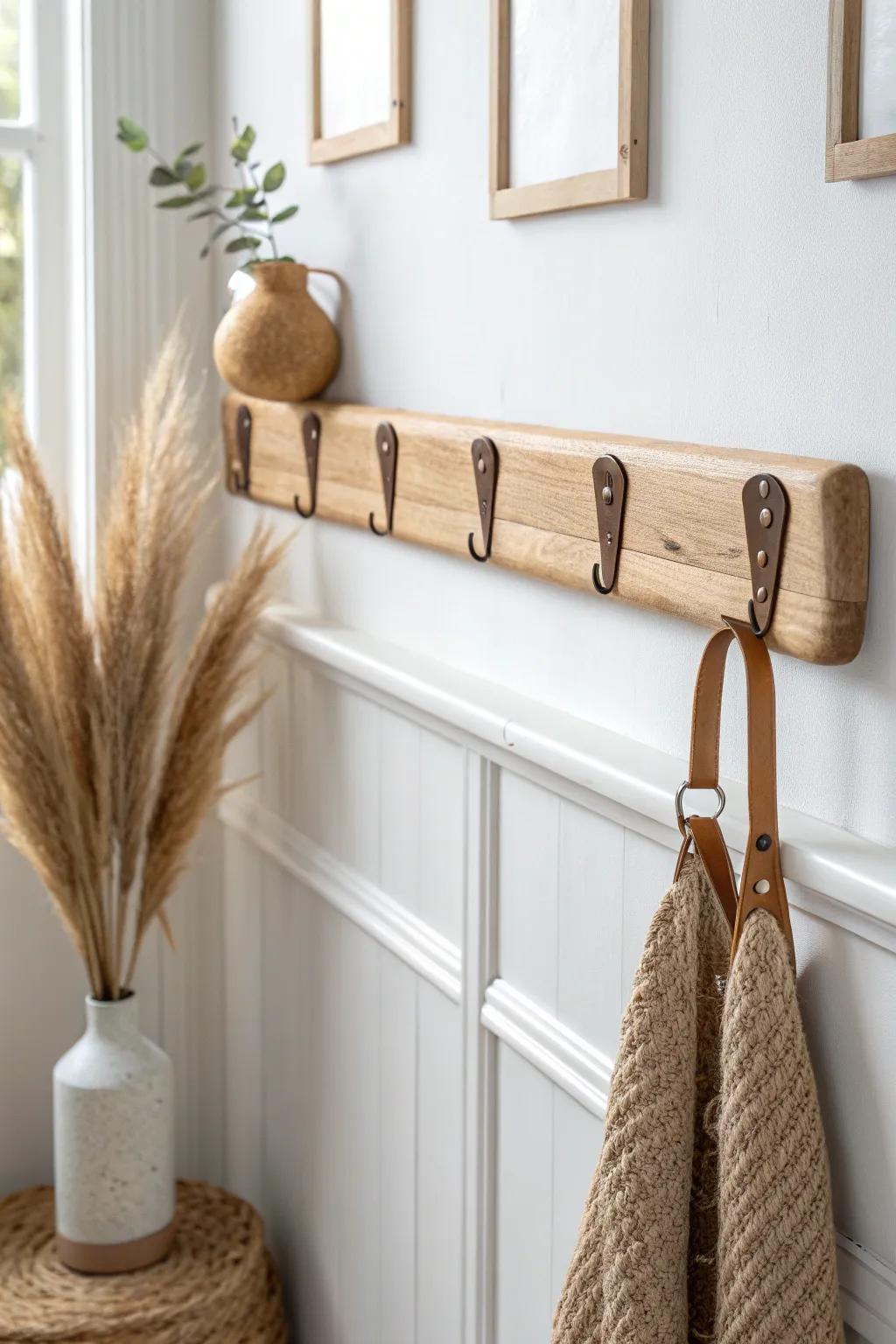 Rustic peg rail with leather loops—minimal, warm, and handmade for busy hallway life.
