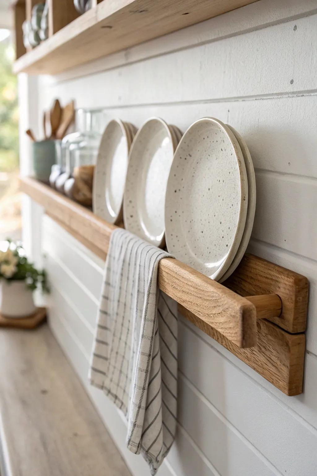 A simple oak plate rail turns everyday dishes into cozy, rustic kitchen decor.