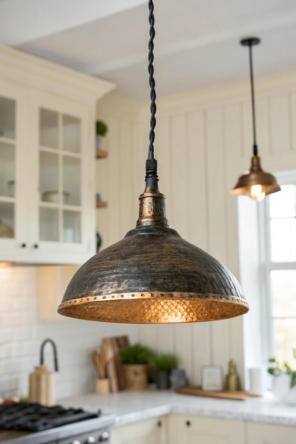 A black-and-aged brass pendant proves mixed metals can feel calm, rustic, and curated.