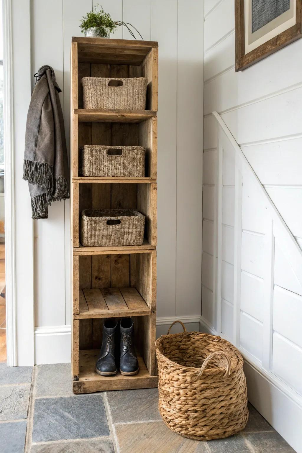 Stacked vintage crates become rustic cubbies—flexible storage with warm wood grain and charm.