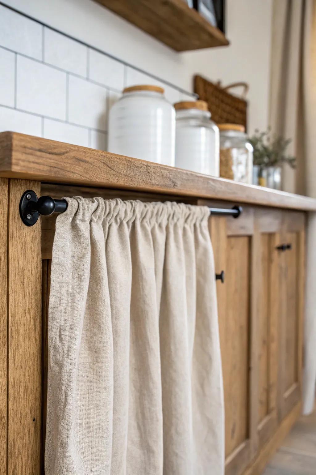 Flax linen curtain skirt under a rustic wood pantry counter—minimal, cozy storage hidden in plain sight.