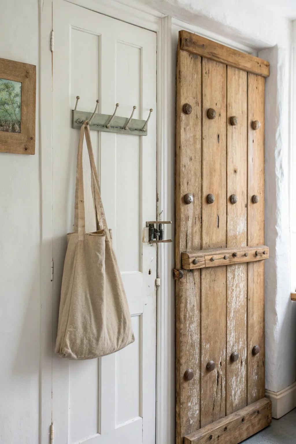 Reclaimed door peg display: rustic history, clean lines, and a beautiful way to hang goods.
