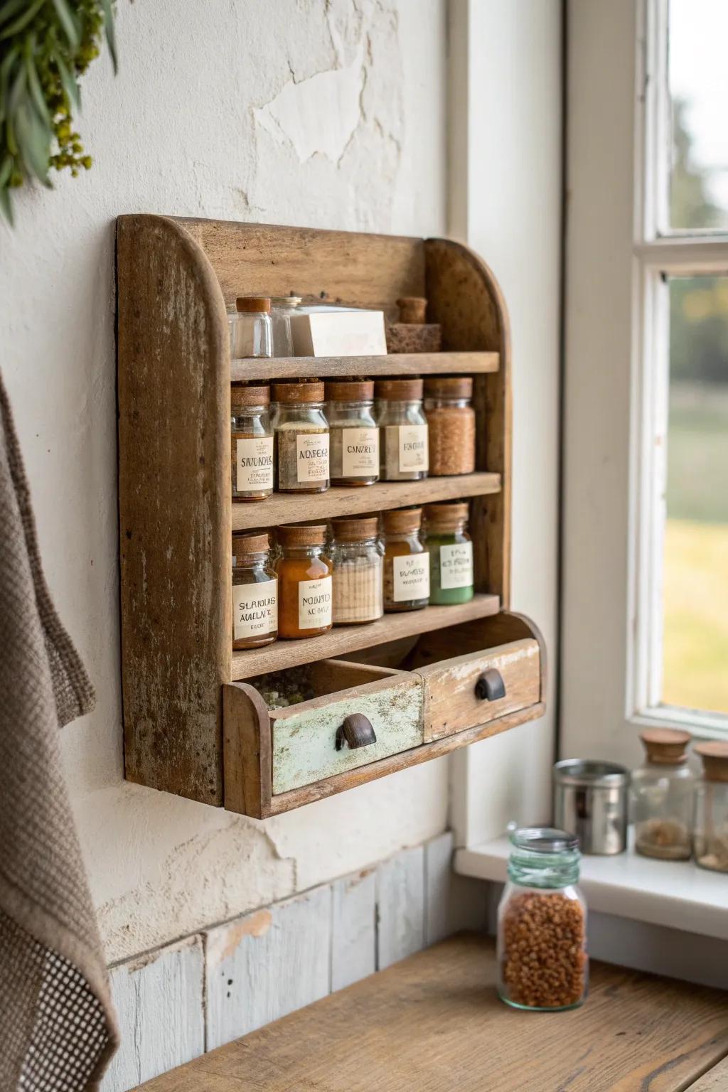 Turn a beat-up wooden drawer into a charming wall spice rack with built-in rustic character.