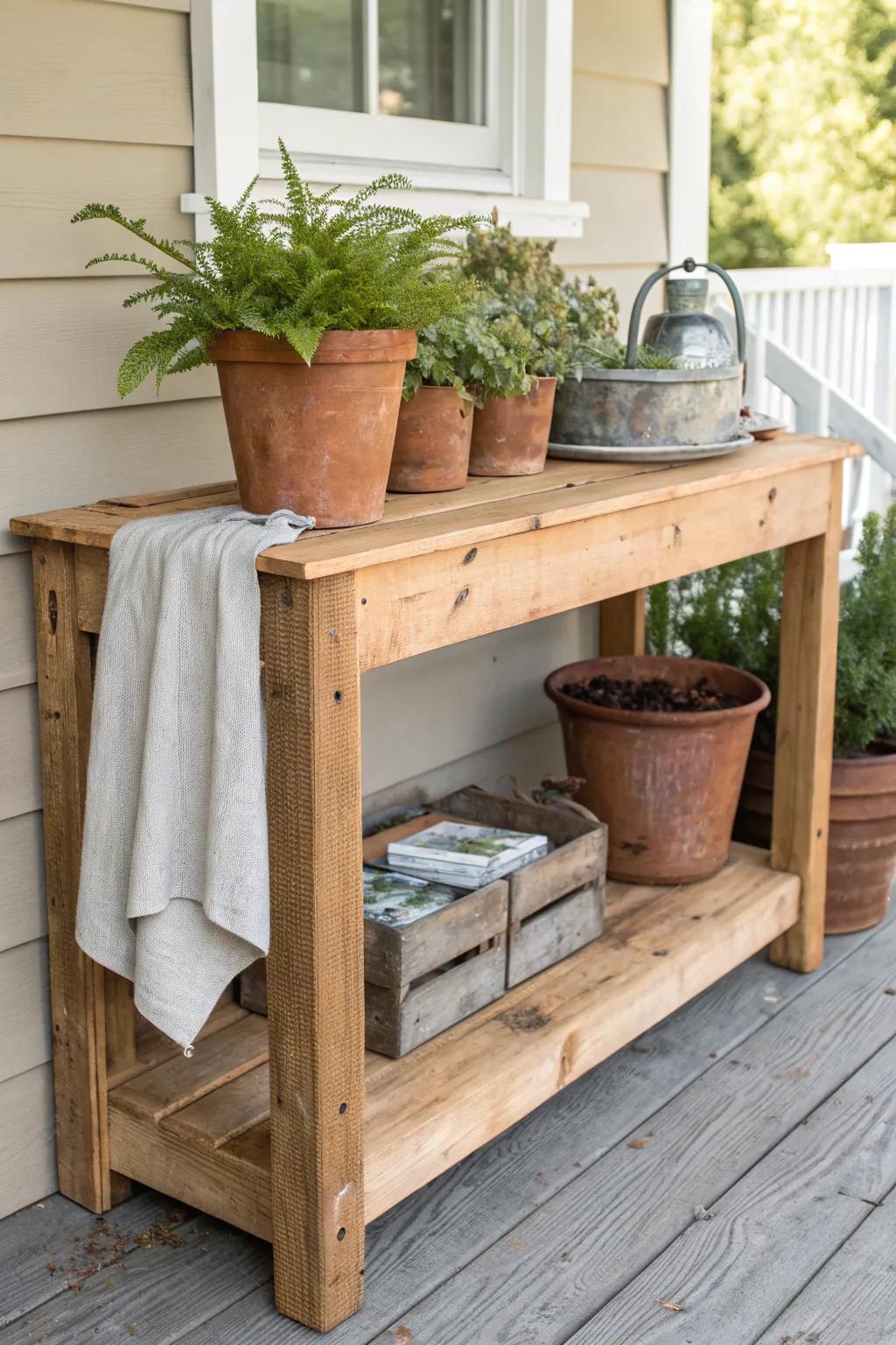 A rustic potting bench porch moment—terracotta stacks, seed packets, and fresh spring greens.