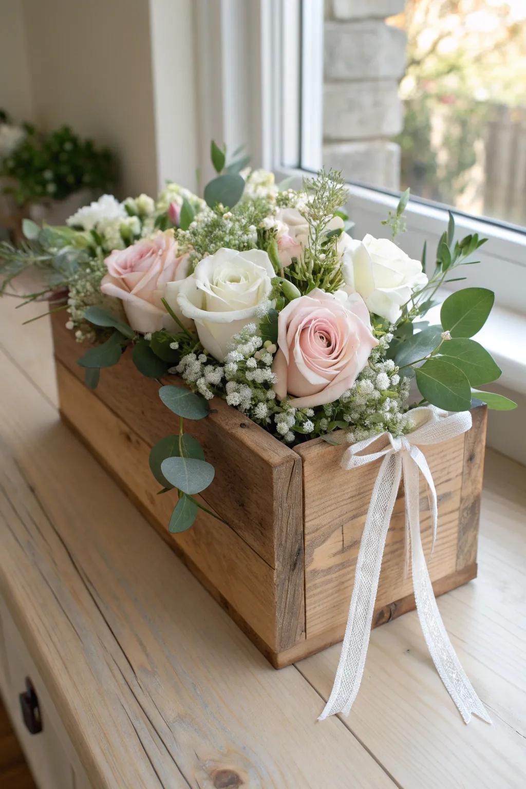 Rustic wood flower box centerpiece—Sweet 16 charm with blooms you can reuse as a planter later.