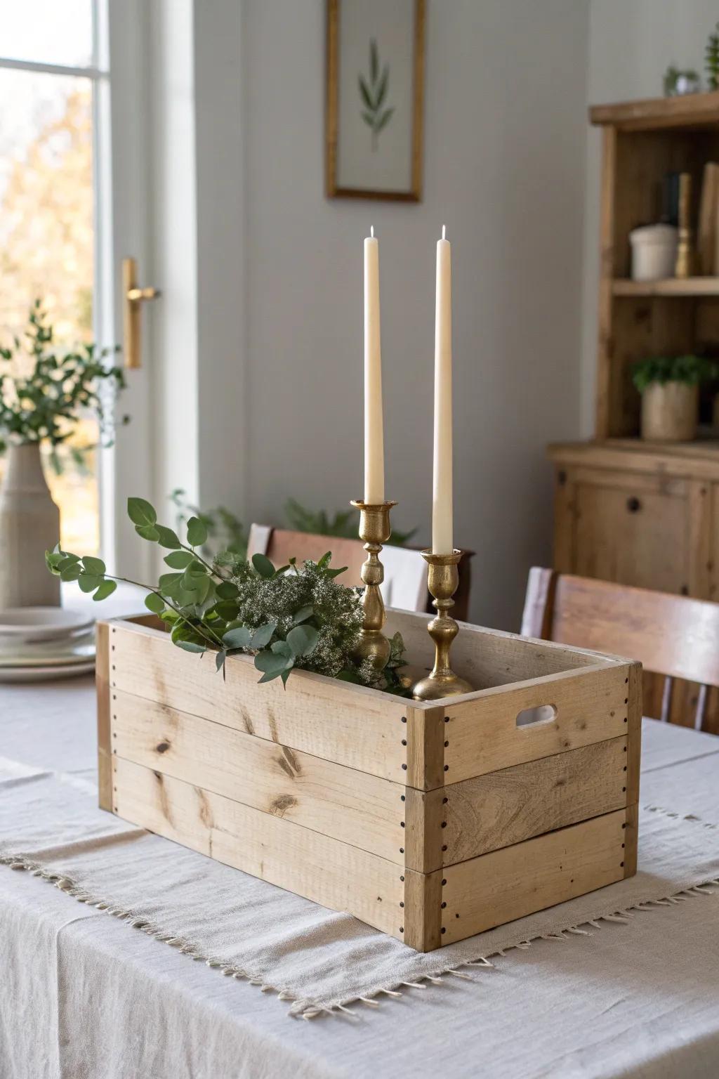 Flip a wooden crate into a chic riser—easy height for candles and greenery in a rustic table.