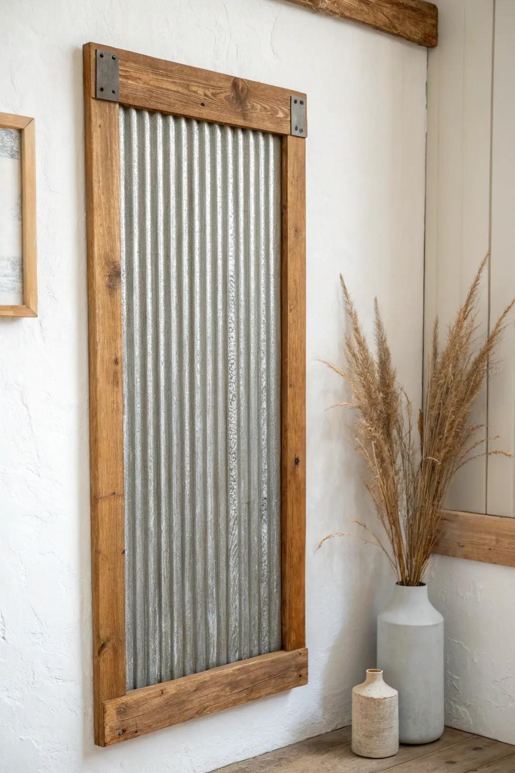 Aged corrugated metal meets warm oak—rugged texture with clean Scandinavian calm.