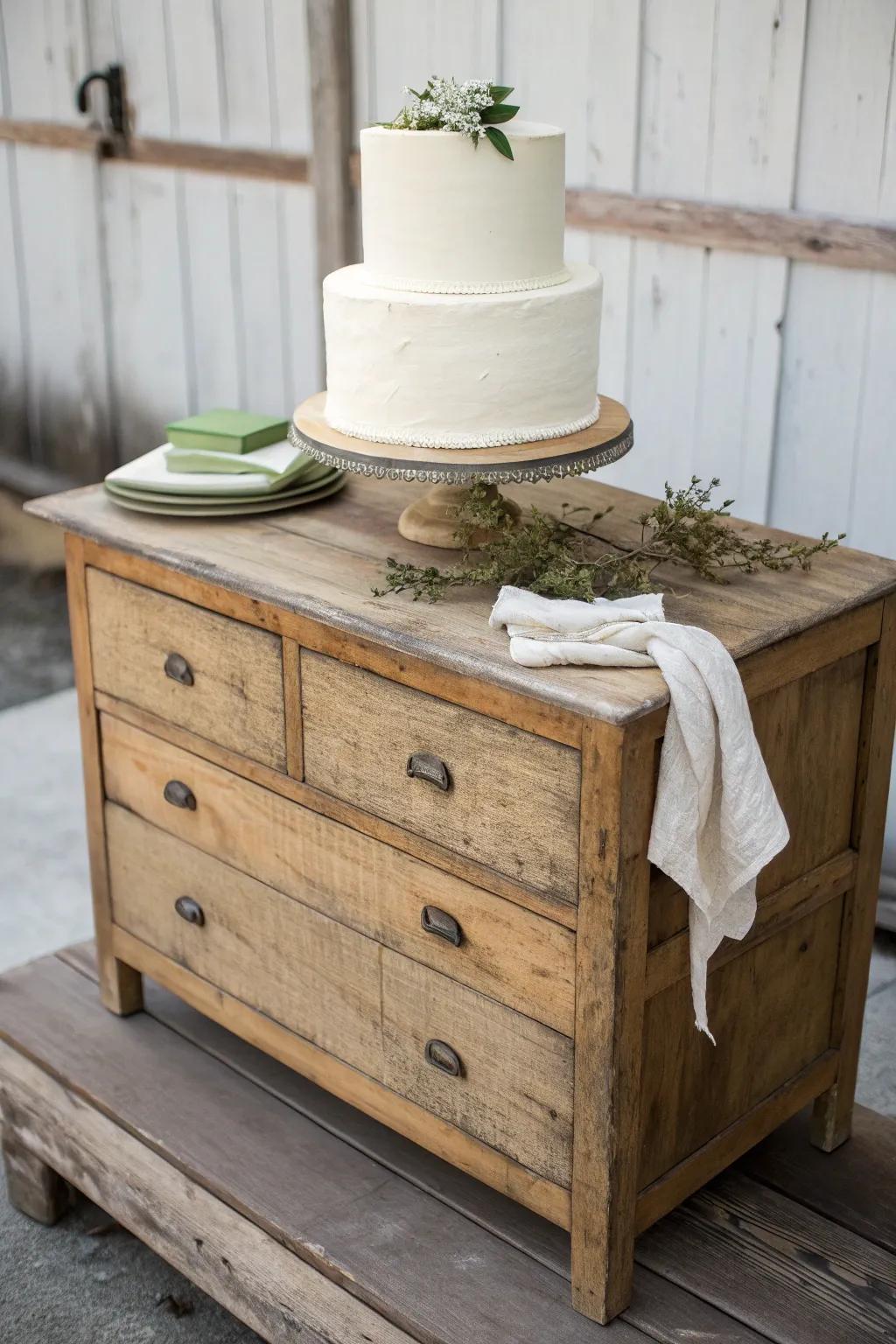 Repurposed dresser dessert station—cake on top, plates tucked in drawers for rustic charm.