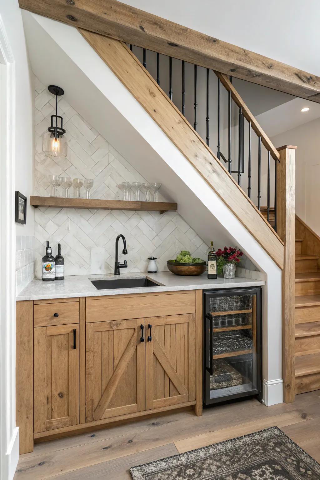 Under-stair rustic wet bar: light oak, matte black fixtures, tiny sink + mini fridge.
