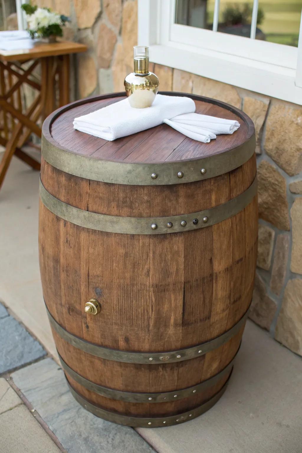 A wine barrel base with a clean round top brings calm, grounded beauty to unity ceremonies.