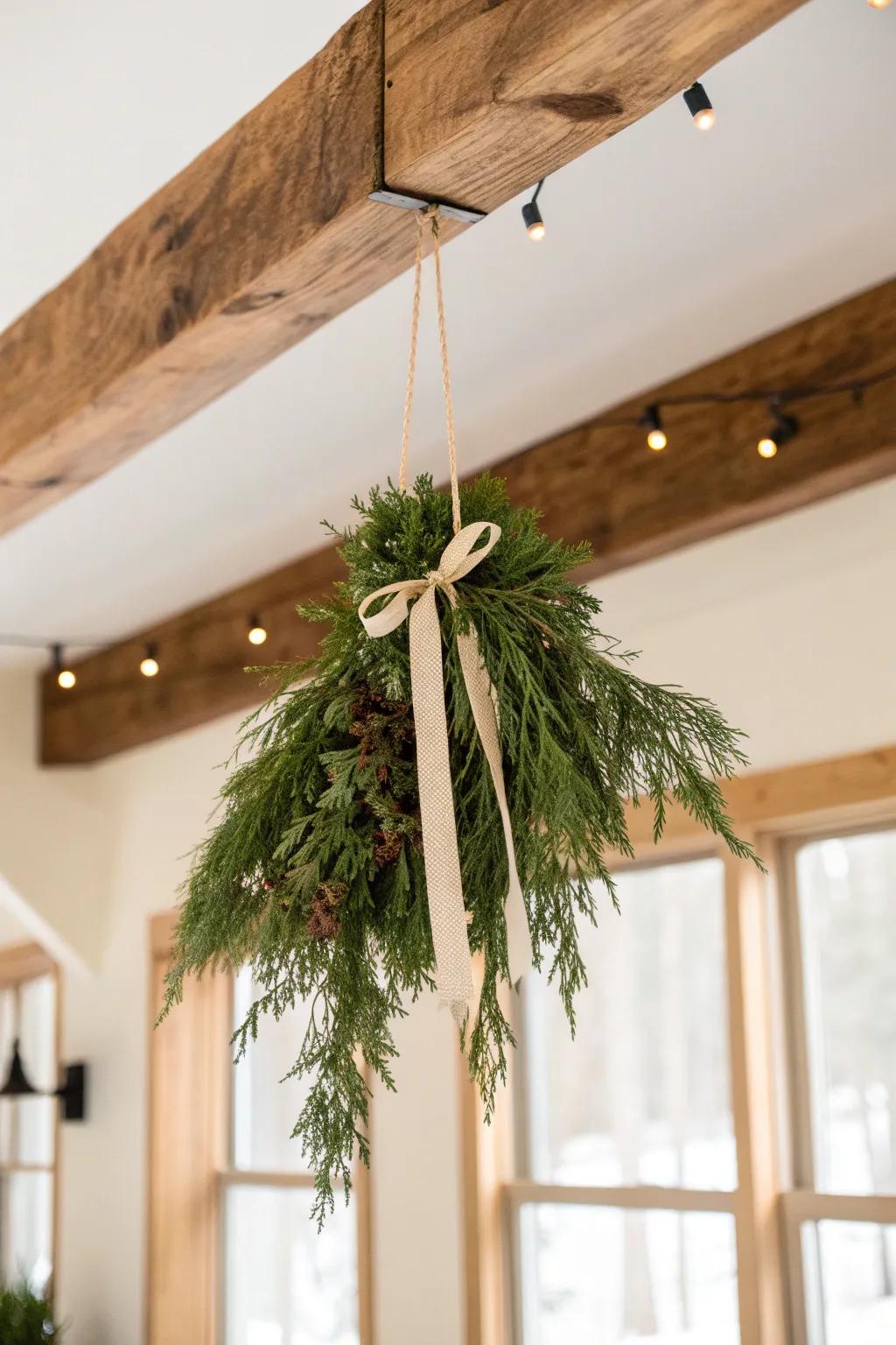 Suspend cedar and pine from rustic beams for an effortless winter-forest wedding moment.