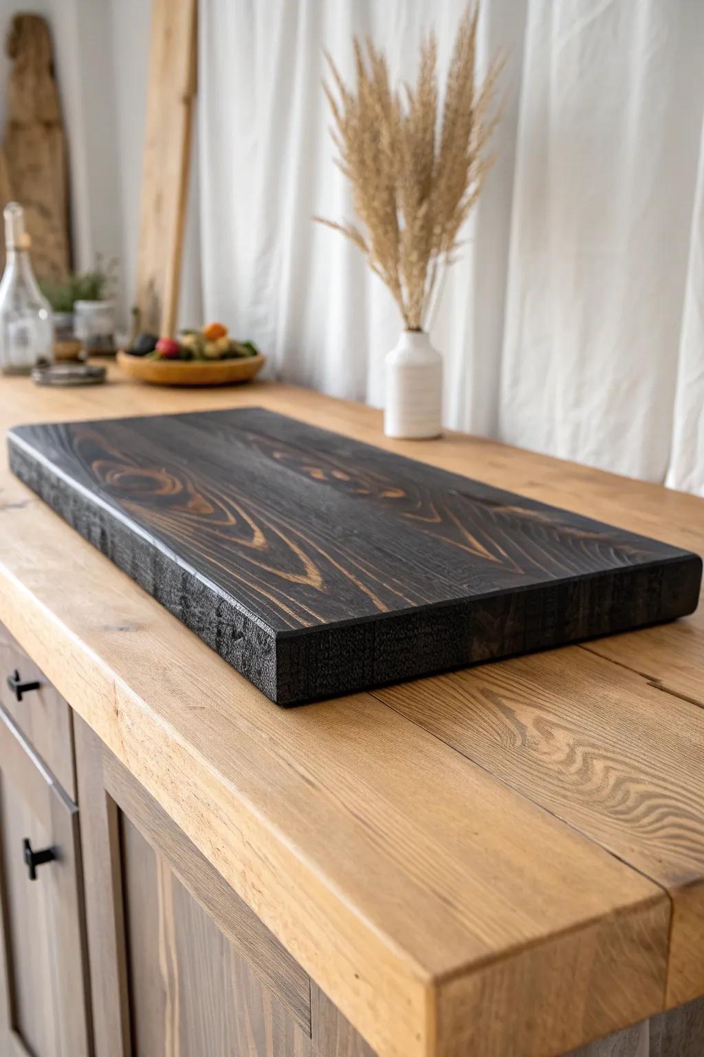 Shou Sugi Ban charred wood countertop: bold grain, sleek seal, perfect for RV kitchens.