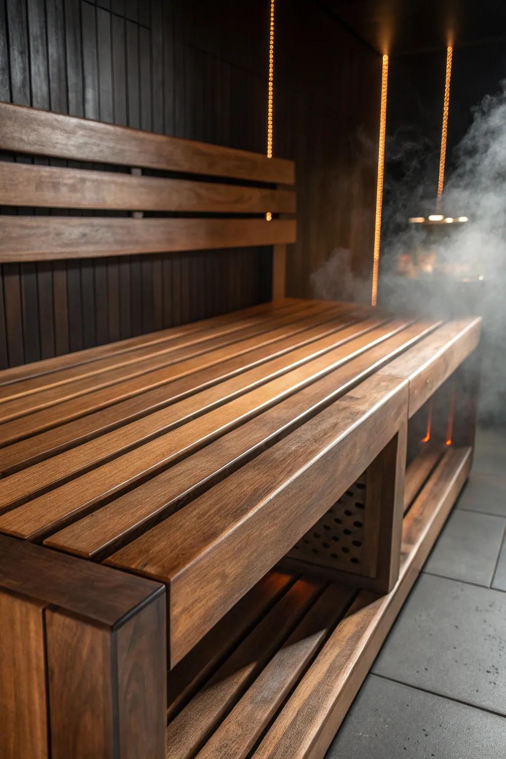 Dark thermo-wood sauna bench in warm low light—minimal, moody, and beautifully crafted.