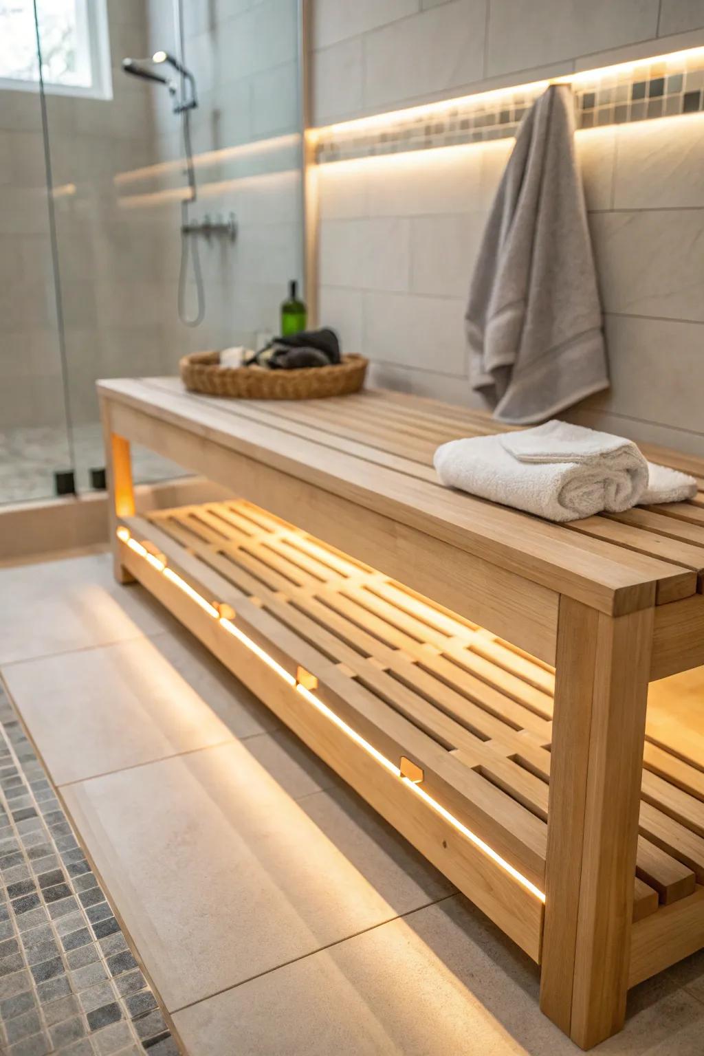 Warm under-bench glow turns a sauna shower combo into a calm, spa-like evening retreat.