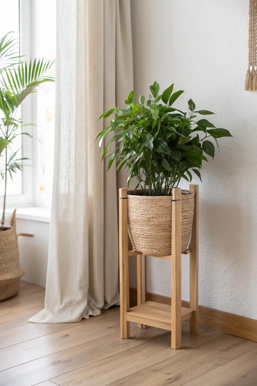 A simple oak plant stand + woven basket planter for that fresh Scandi corner glow.
