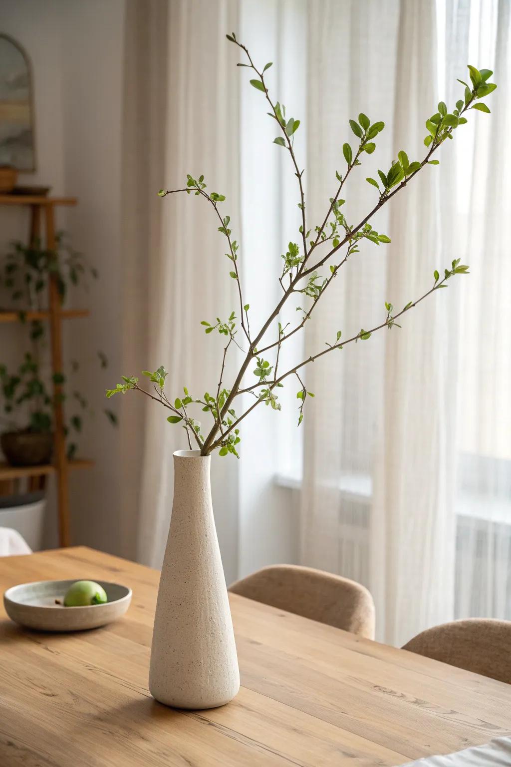 A single green branch in a simple vase—clean, modern, and effortlessly Scandinavian.