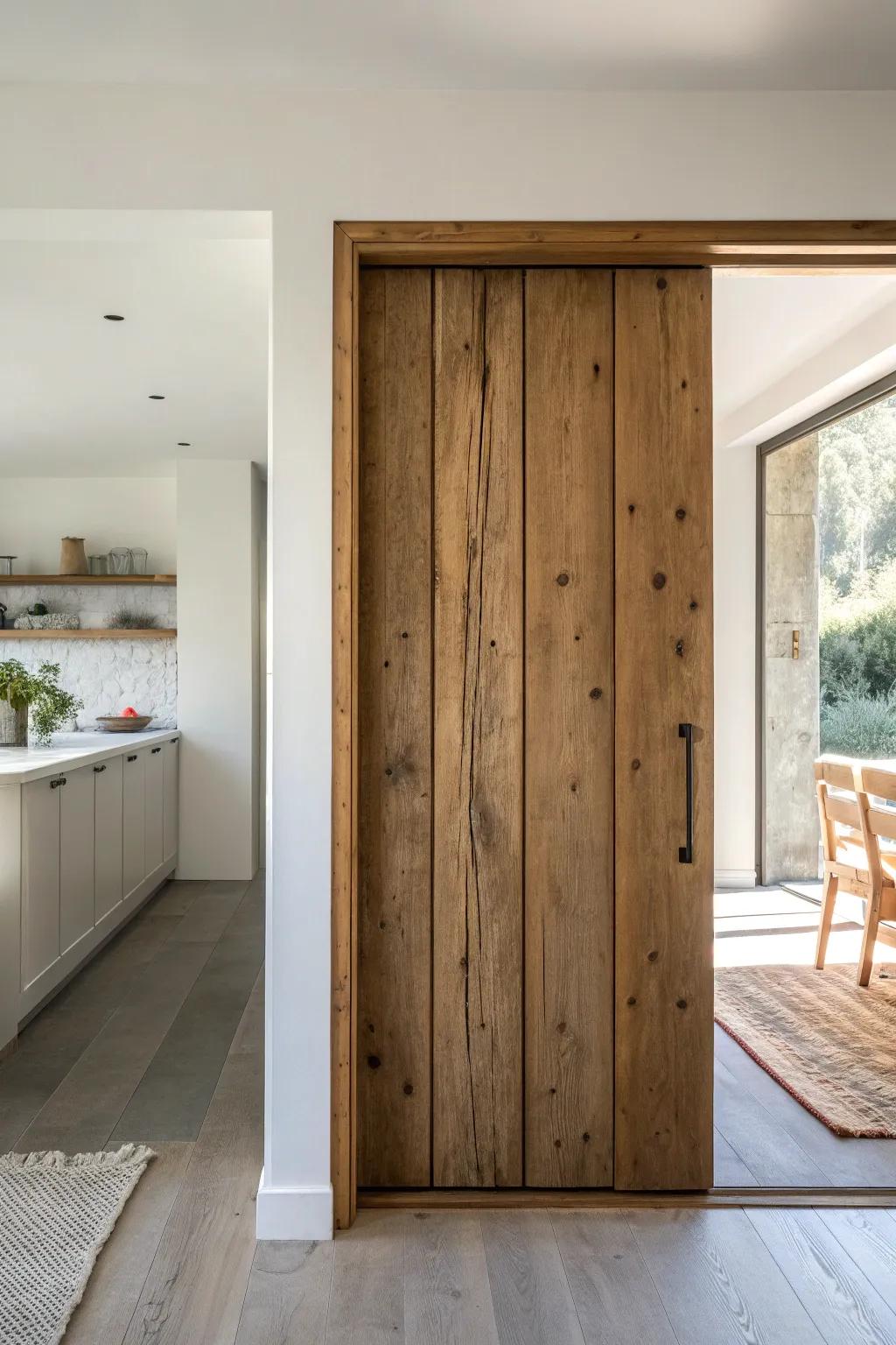 Pocket doors in rustic oak hide a hardworking second kitchen—pristine, calm, and clever.