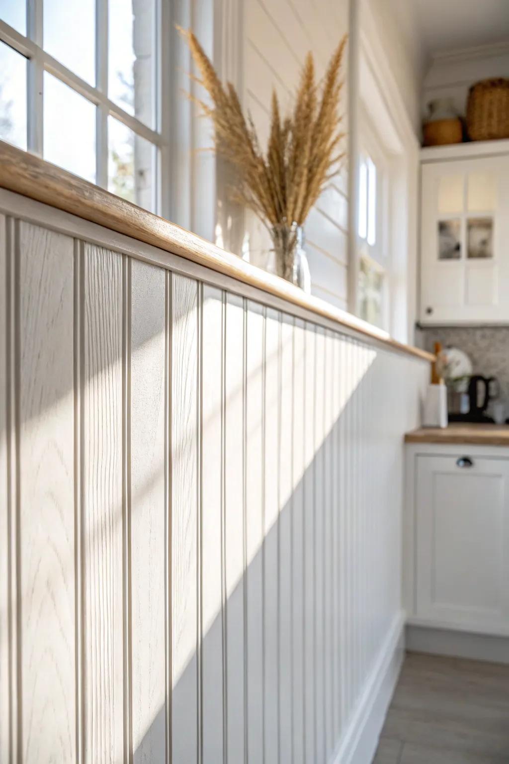 Soft white beadboard adds instant cottage charm—those shadow lines make kitchens feel shabby chic.
