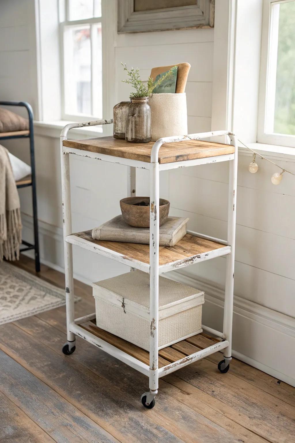 A distressed rolling cart with a reclaimed wood top—shabby chic storage with handmade charm.